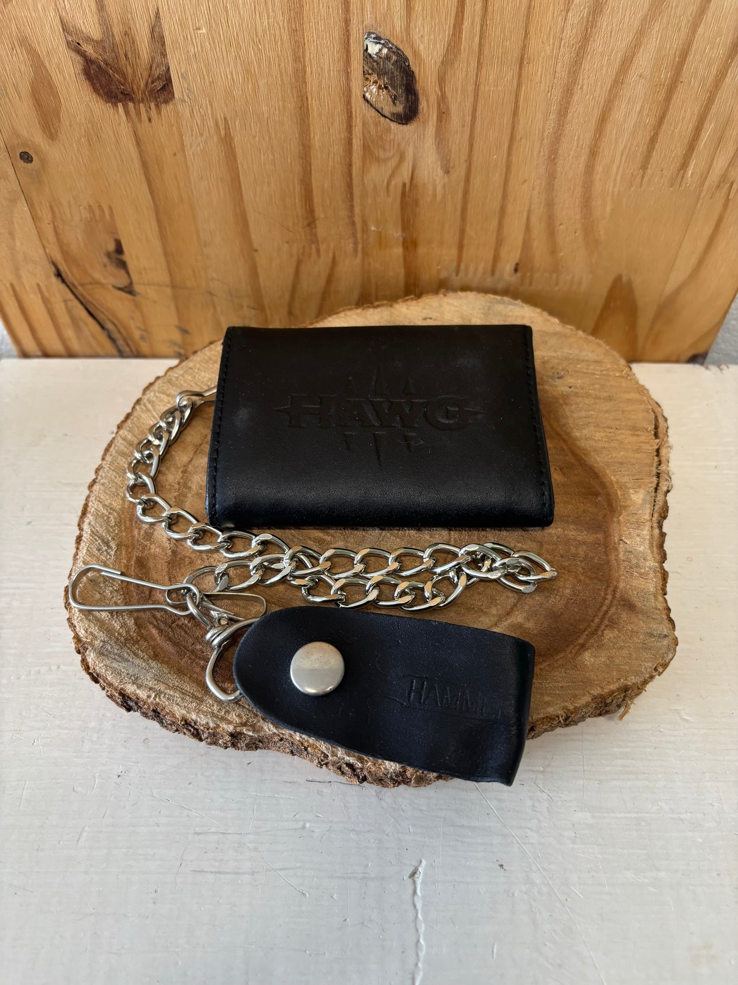 Black Leather Trifold Chain Wallet