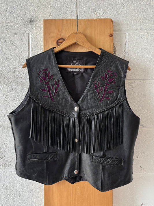Vtg Fringed Leather Vest : XXL