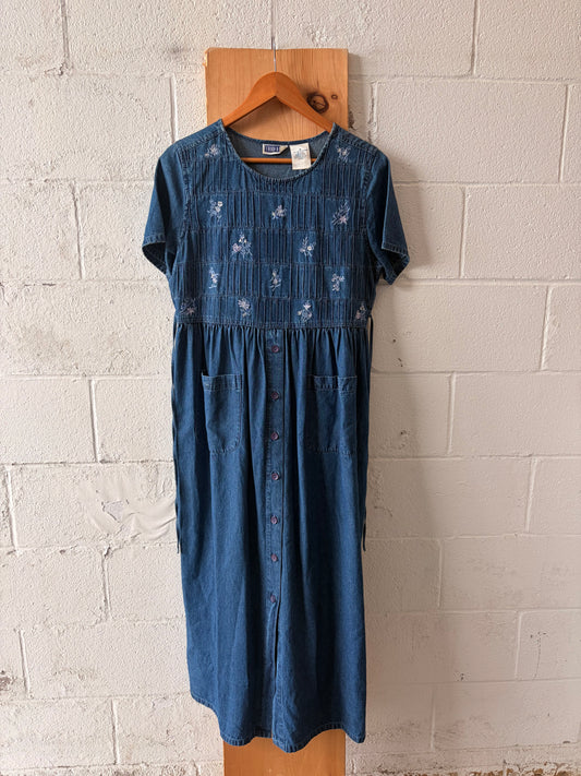 Vtg Floral Embroidered Denim Dress : M