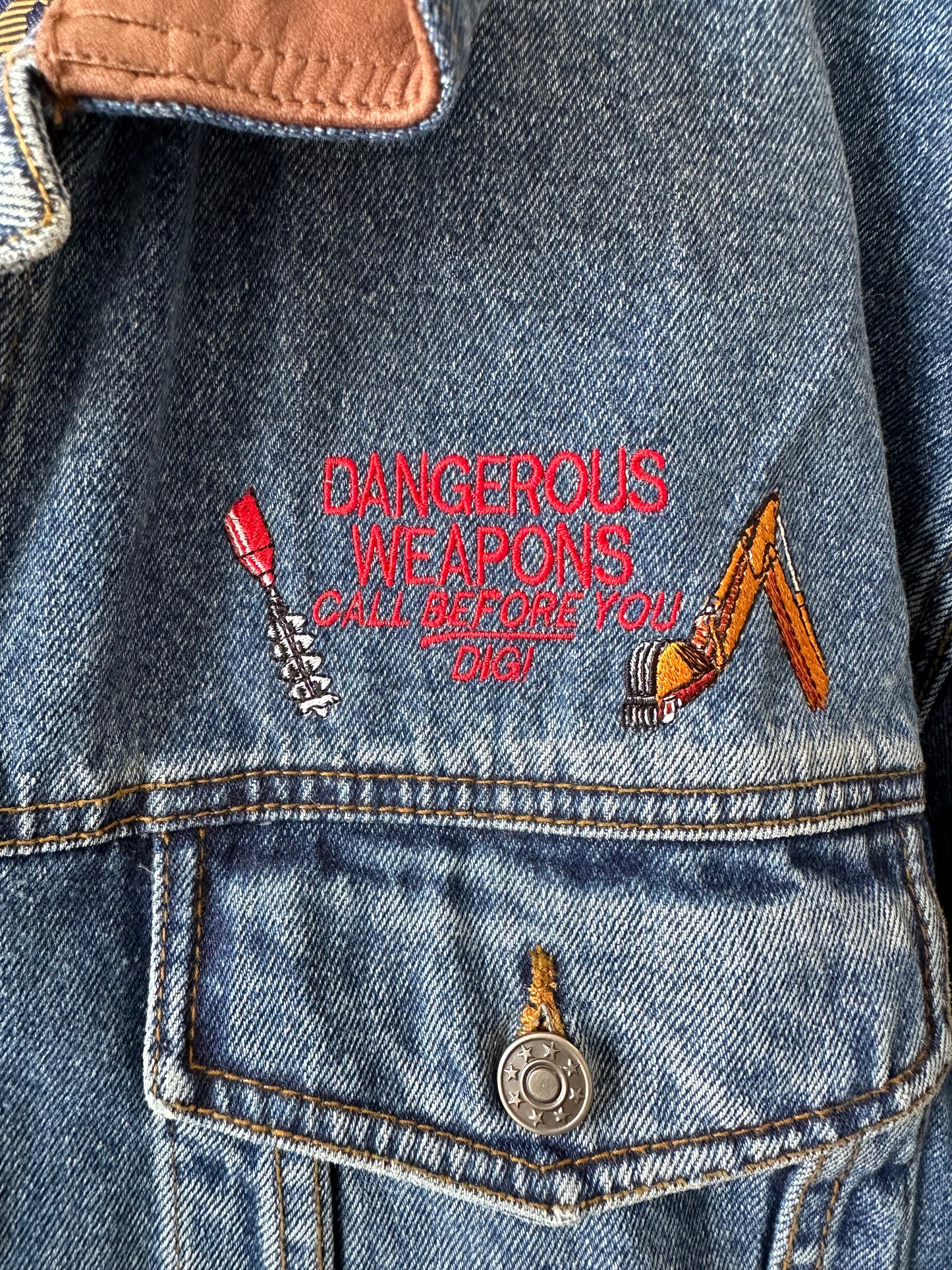 Leather Collar Denim Jacket : XXL