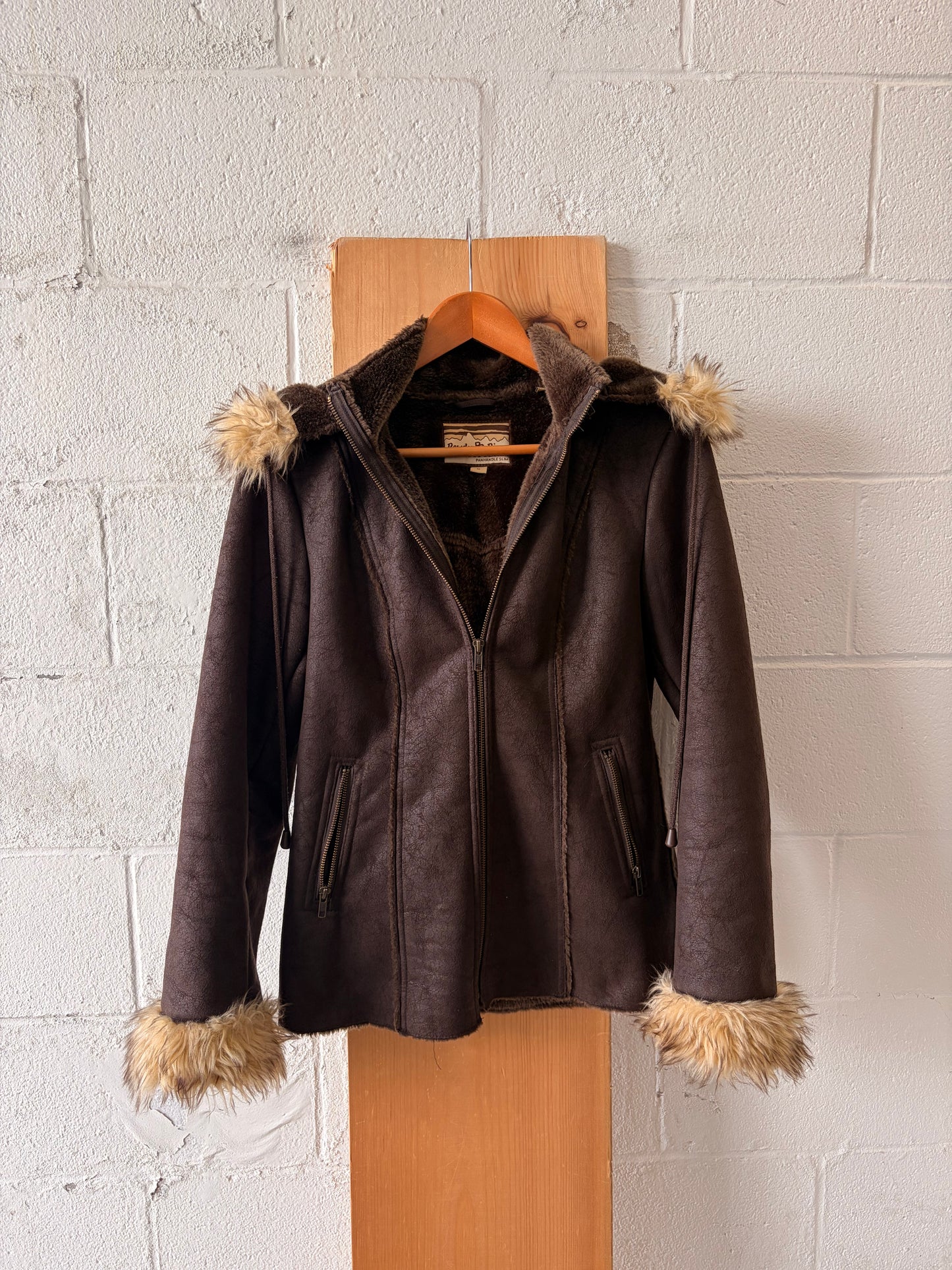 Brown Faux Leather & Fur Trimmed Jacket : M
