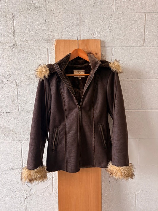 Brown Faux Leather & Fur Trimmed Jacket : M