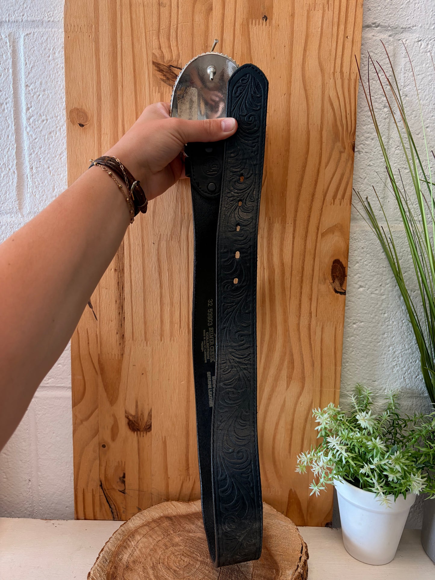 Silver Creek Black Leather “E” Belt : 32