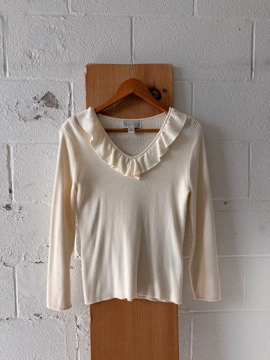 Classic Ribbed Ruffle Collar Top : M