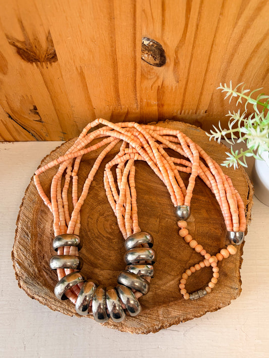 Vtg Layered Pink & Silver Beaded Necklace