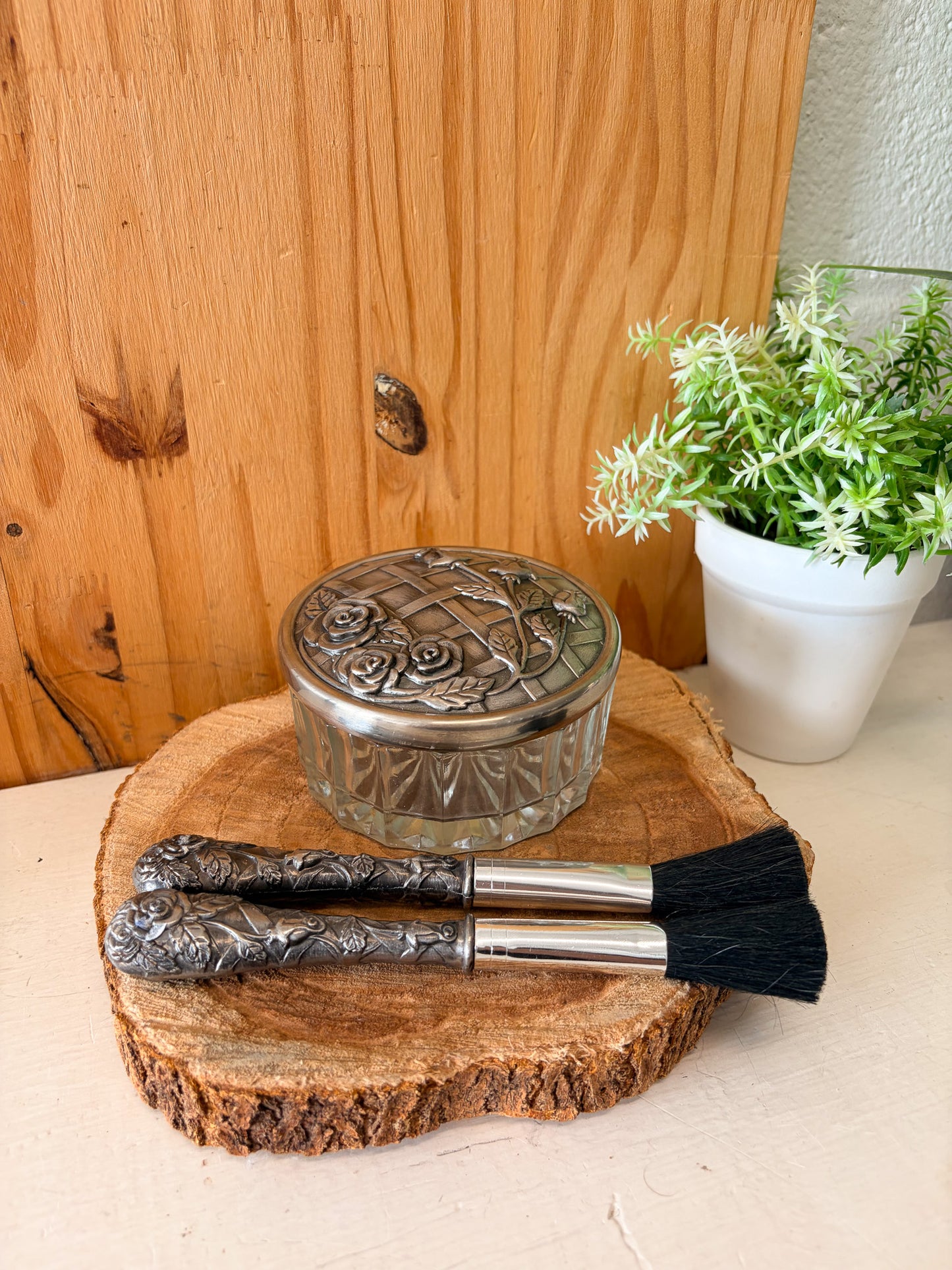 Ornate Mirrored Powder Jar & Brush Vanity Set (Local Pick Up Only)