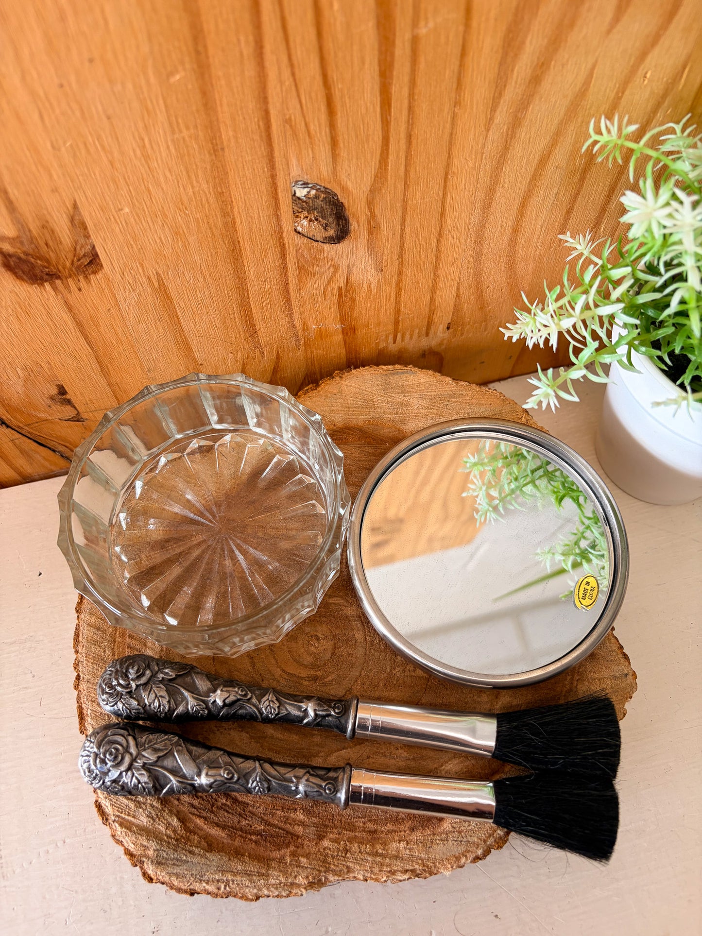 Ornate Mirrored Powder Jar & Brush Vanity Set (Local Pick Up Only)