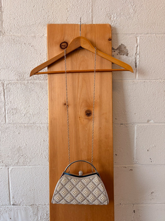 Silver Pearl Beaded Clutch Purse