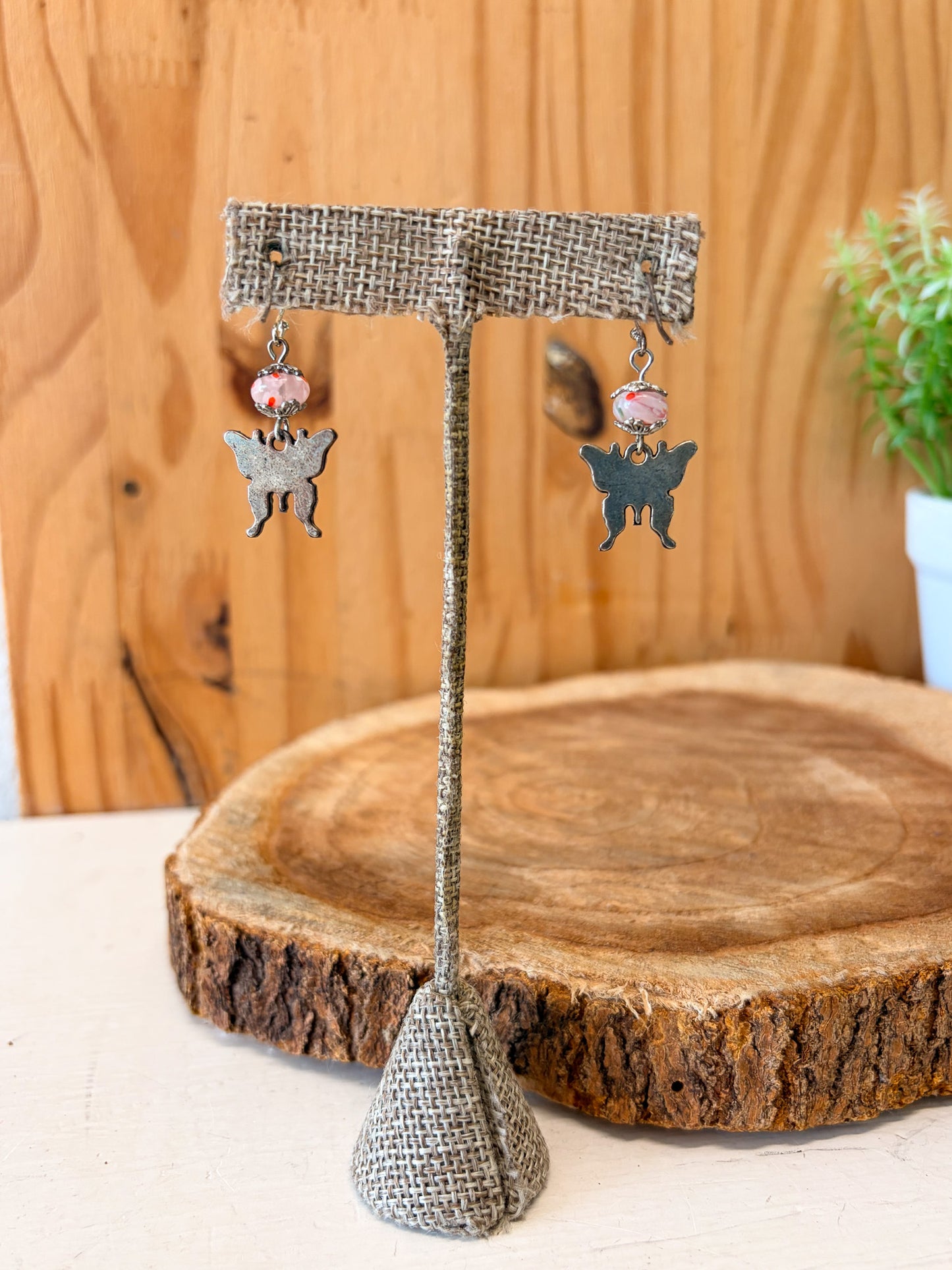Pink Beaded Butterfly Earrings
