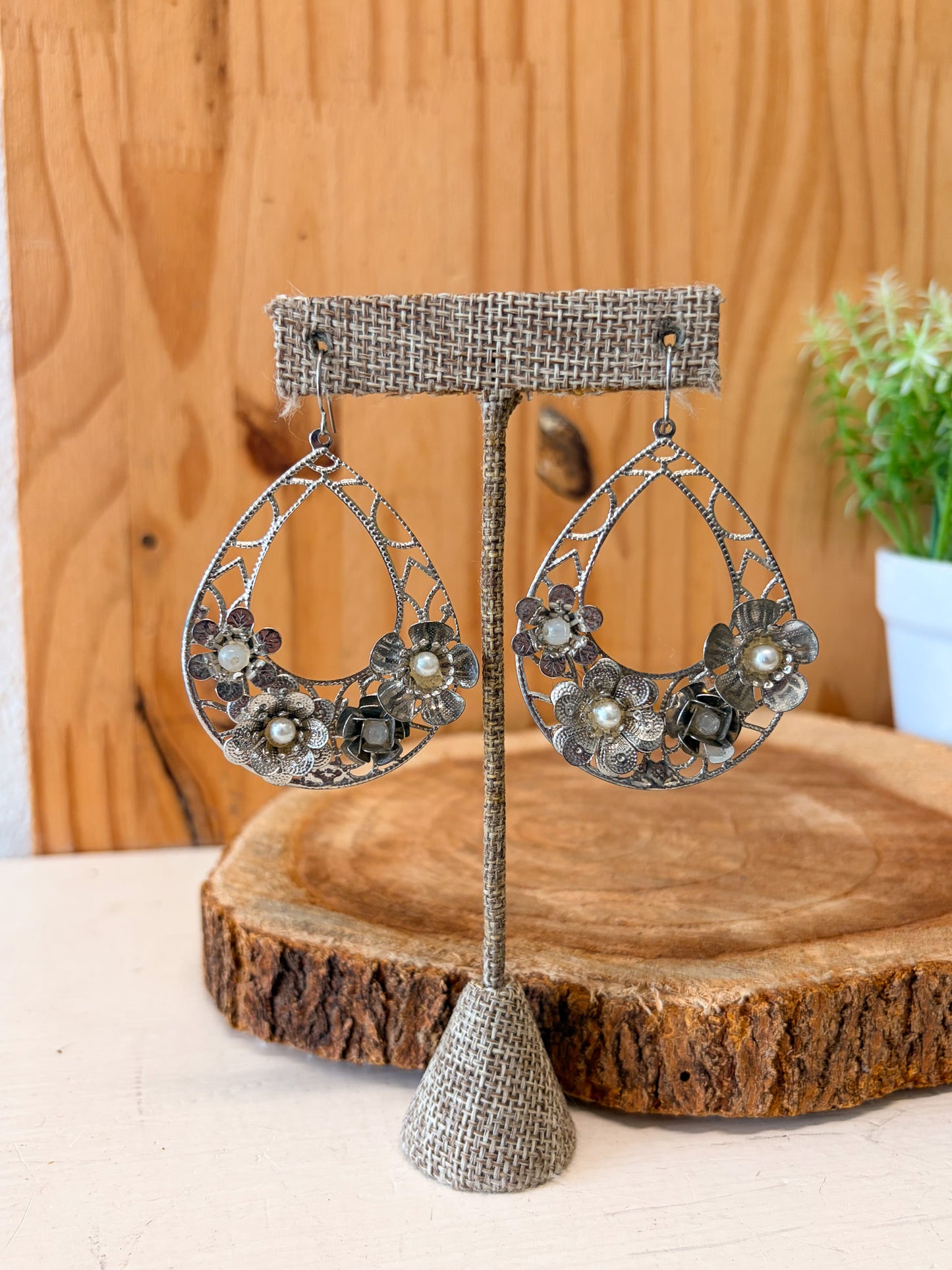 Silver Tone Flower Hoops
