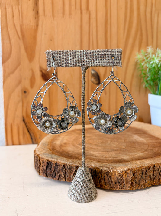 Silver Tone Flower Hoops