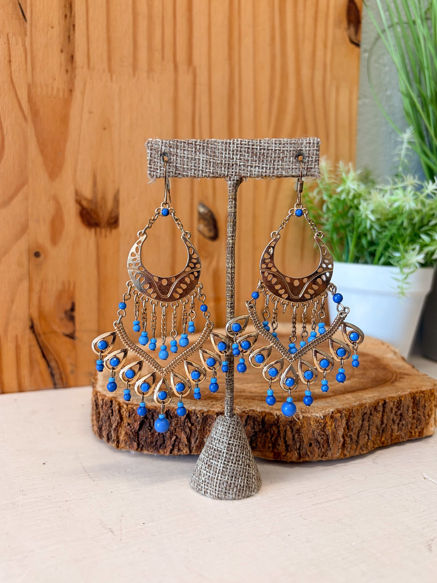 Blue Beaded Chandelier Earrings