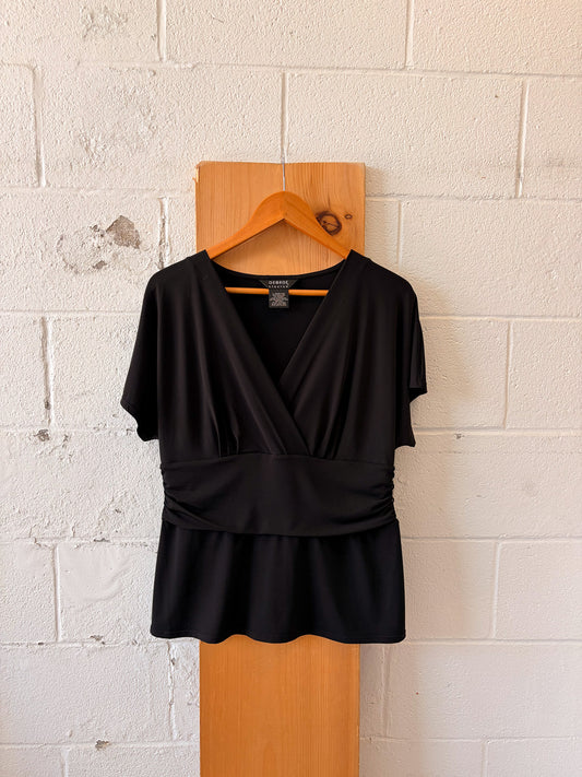 Ruched Black V-Neck Blouse : L