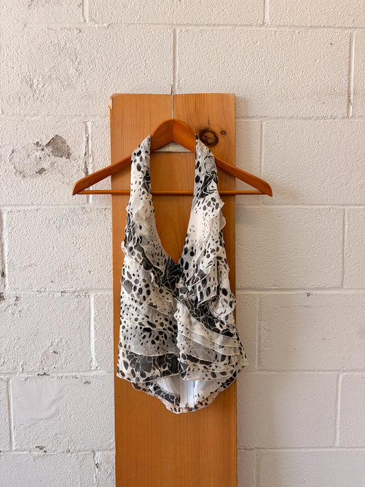 Black & White Ruffled Silk Halter Top : 10P