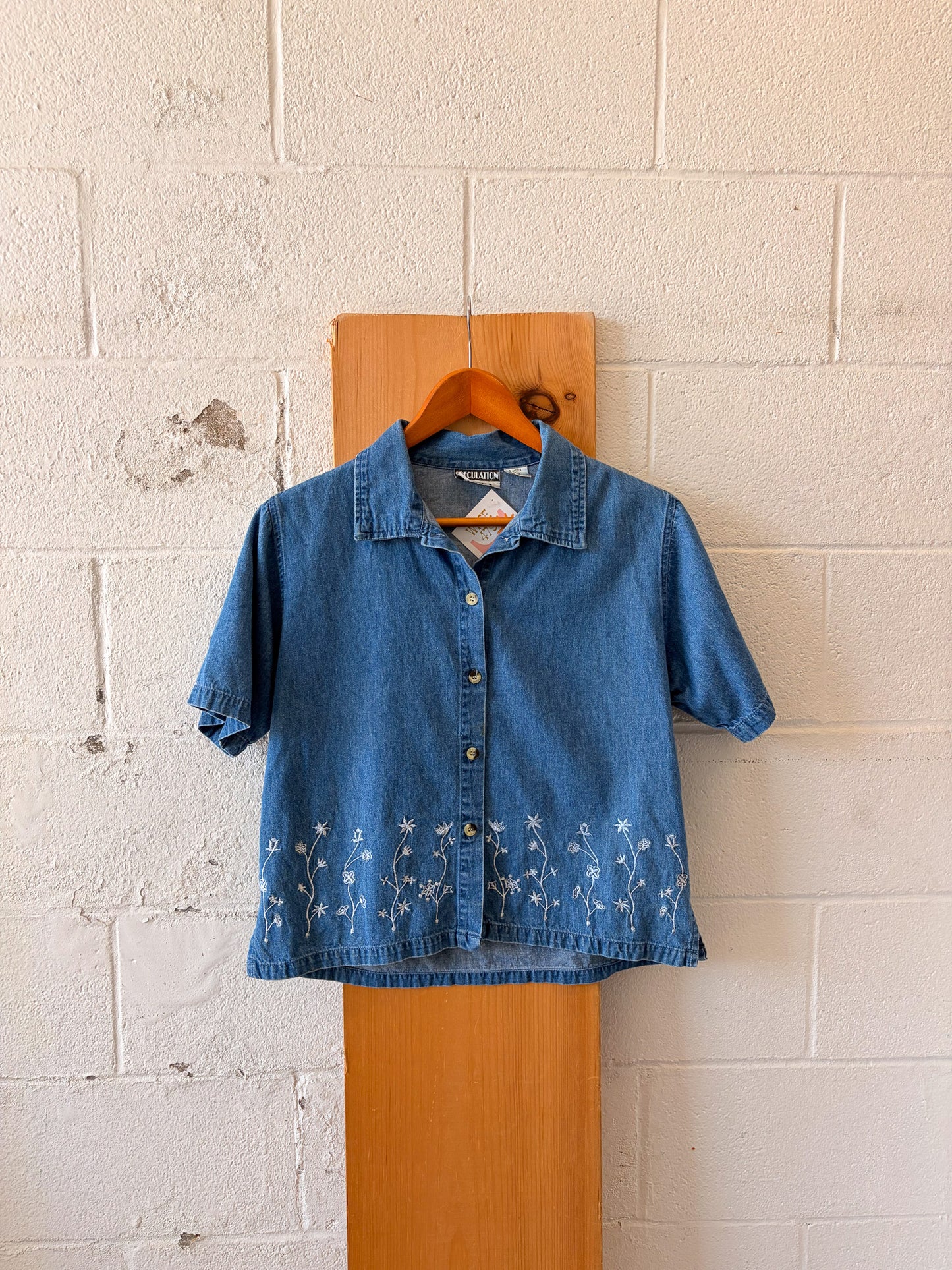 Floral Embroidered Denim Top : M