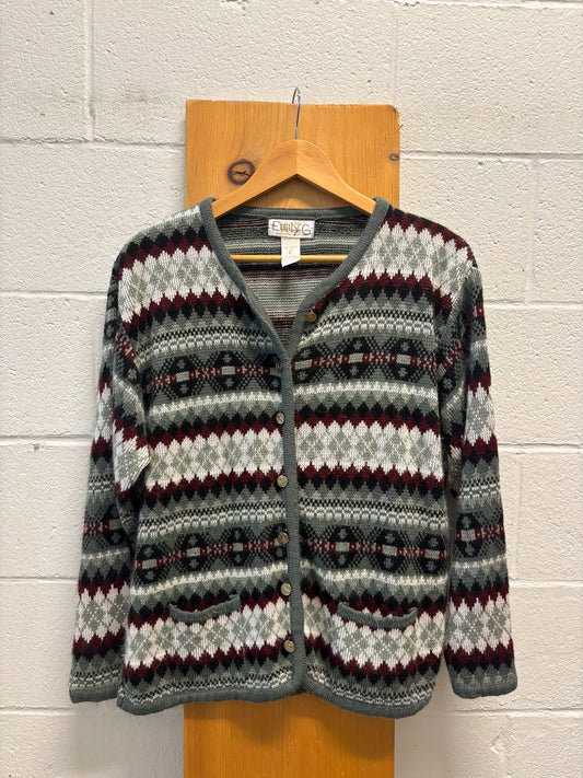 Vtg Red & Gray Cardigan Sweater : L