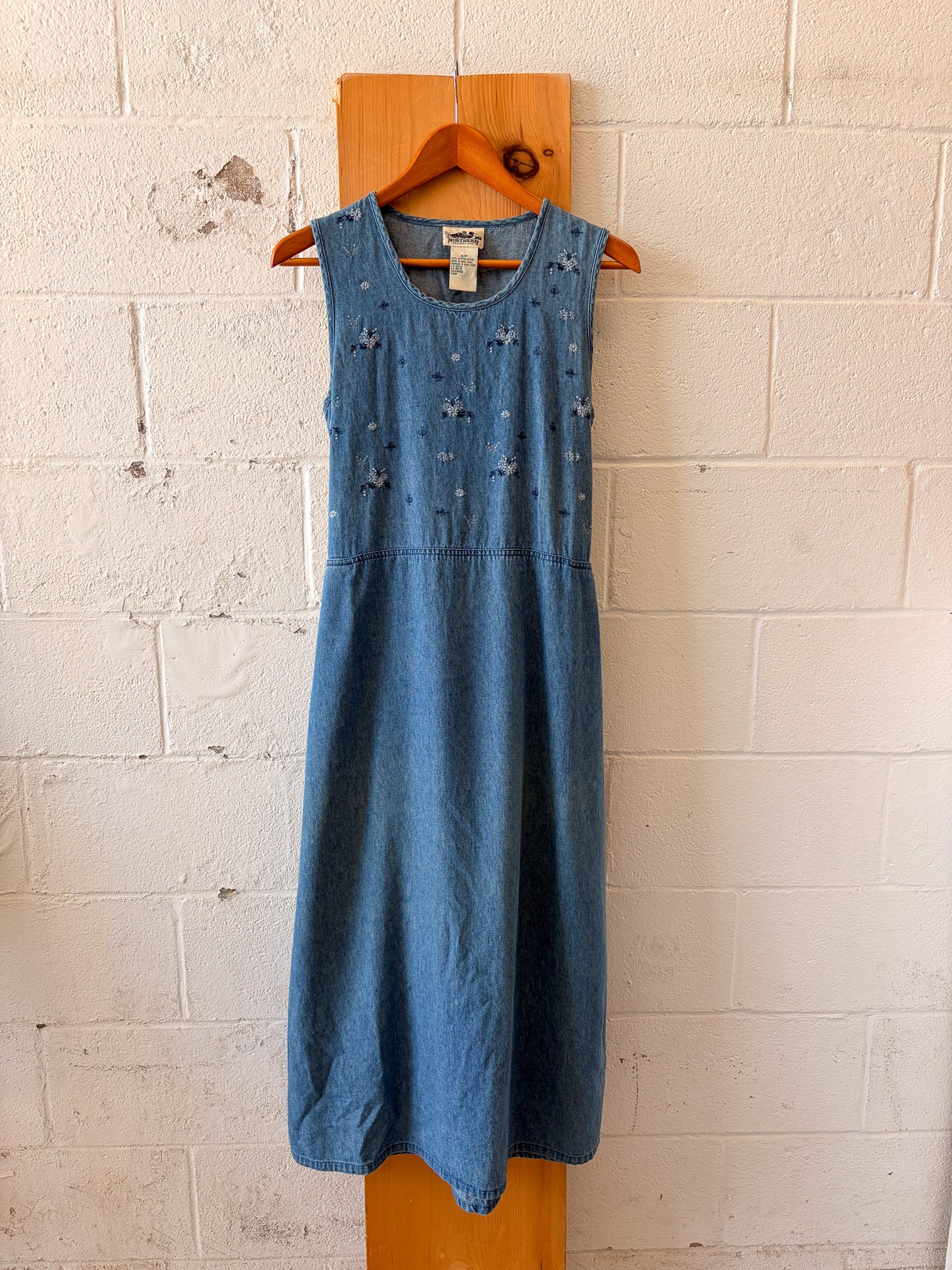 Vtg Floral Denim Dress : S