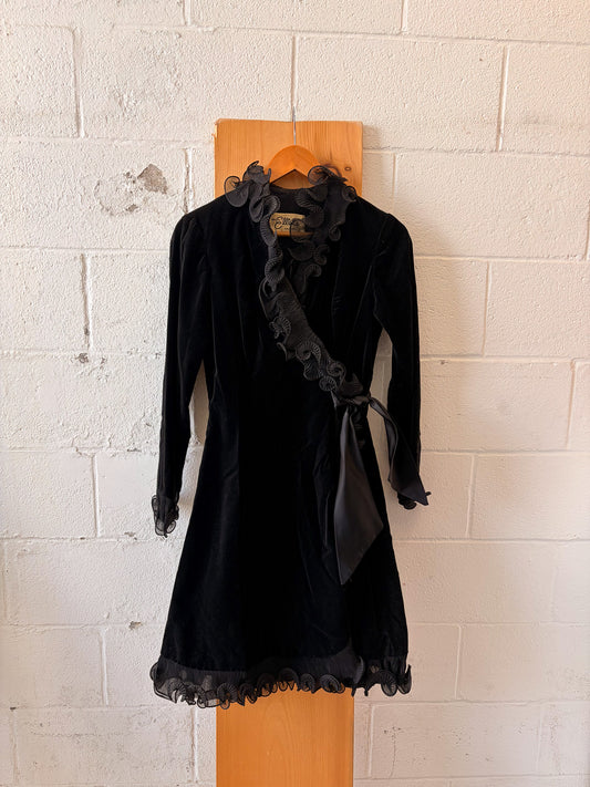 Vtg Miss Elliette Velvet Ruffle Wrap Dress : S/M