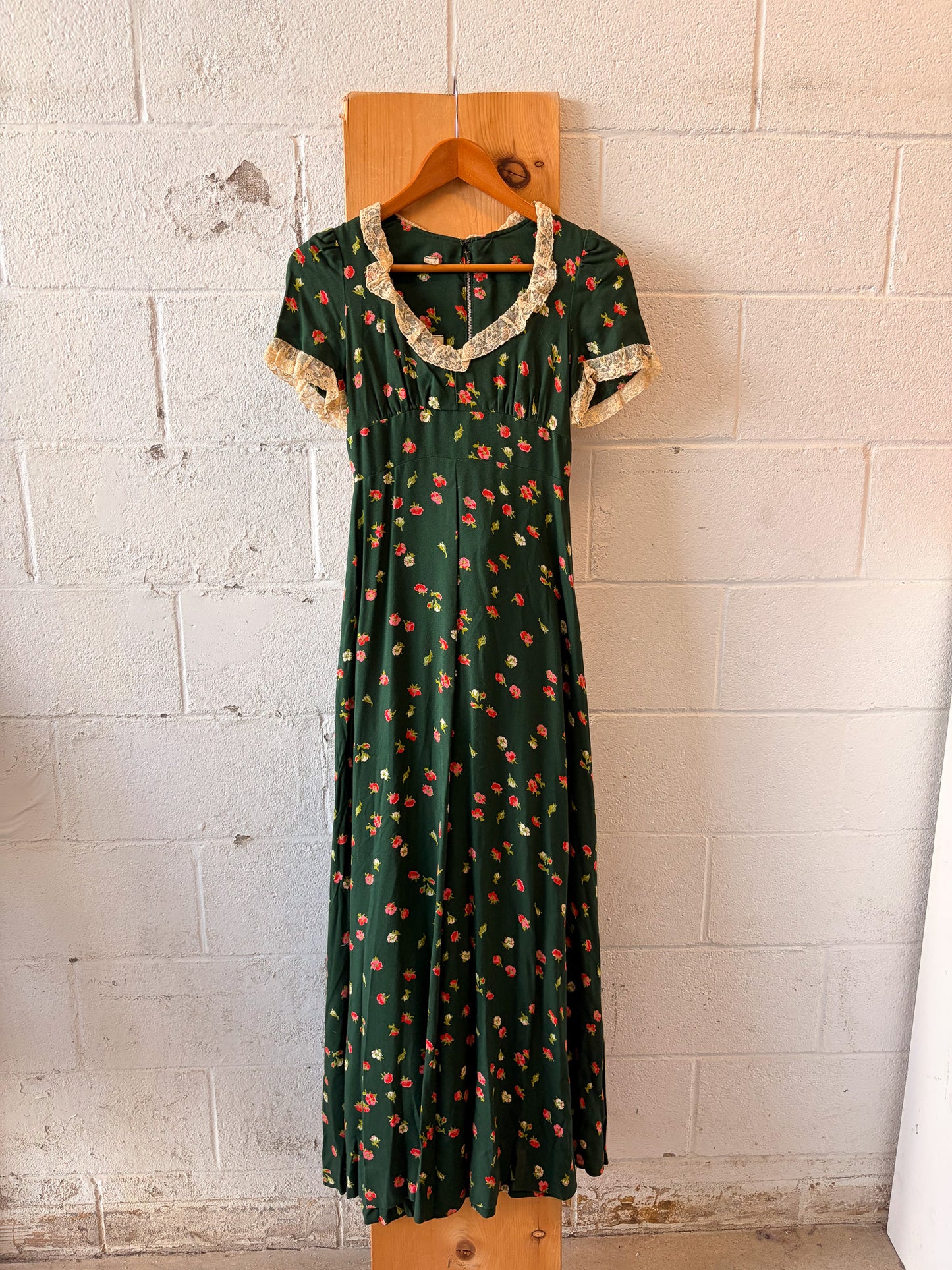 Vtg Long Floral Green Dress : XS/S (As Is)