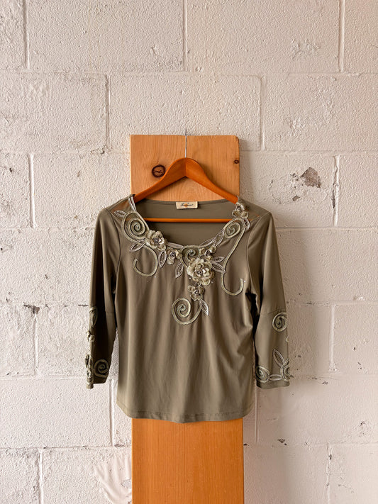 Floral Embellished Green Top : M