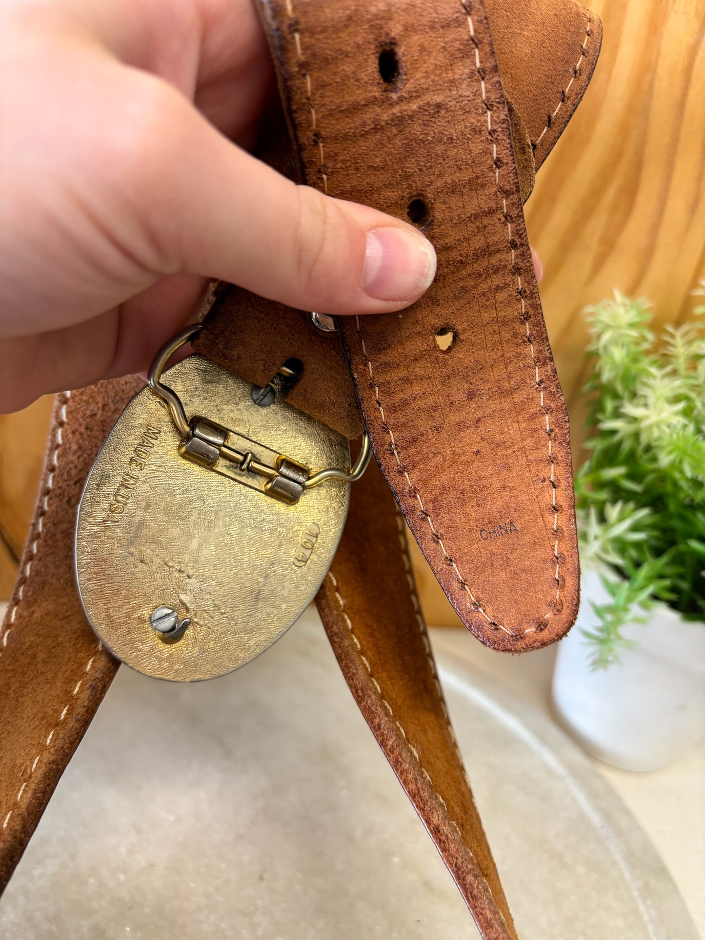 Vtg Made in USA Leather Belt and Buckle