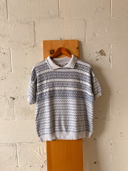 Vtg Blue & White Collared Knit Top : XL