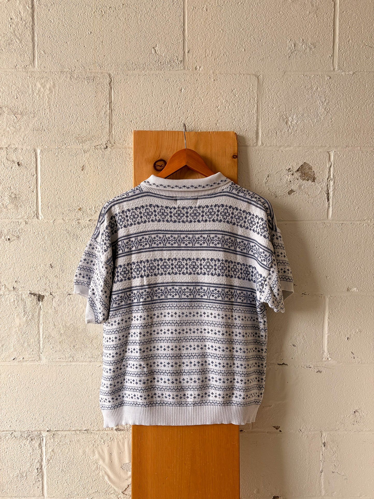 Vtg Blue & White Collared Knit Top : XL