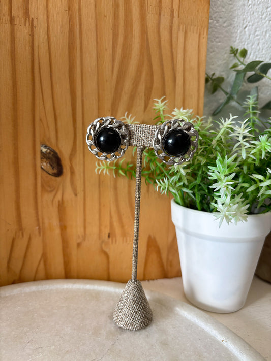 Black & Silver Tone Clip-On Earrings
