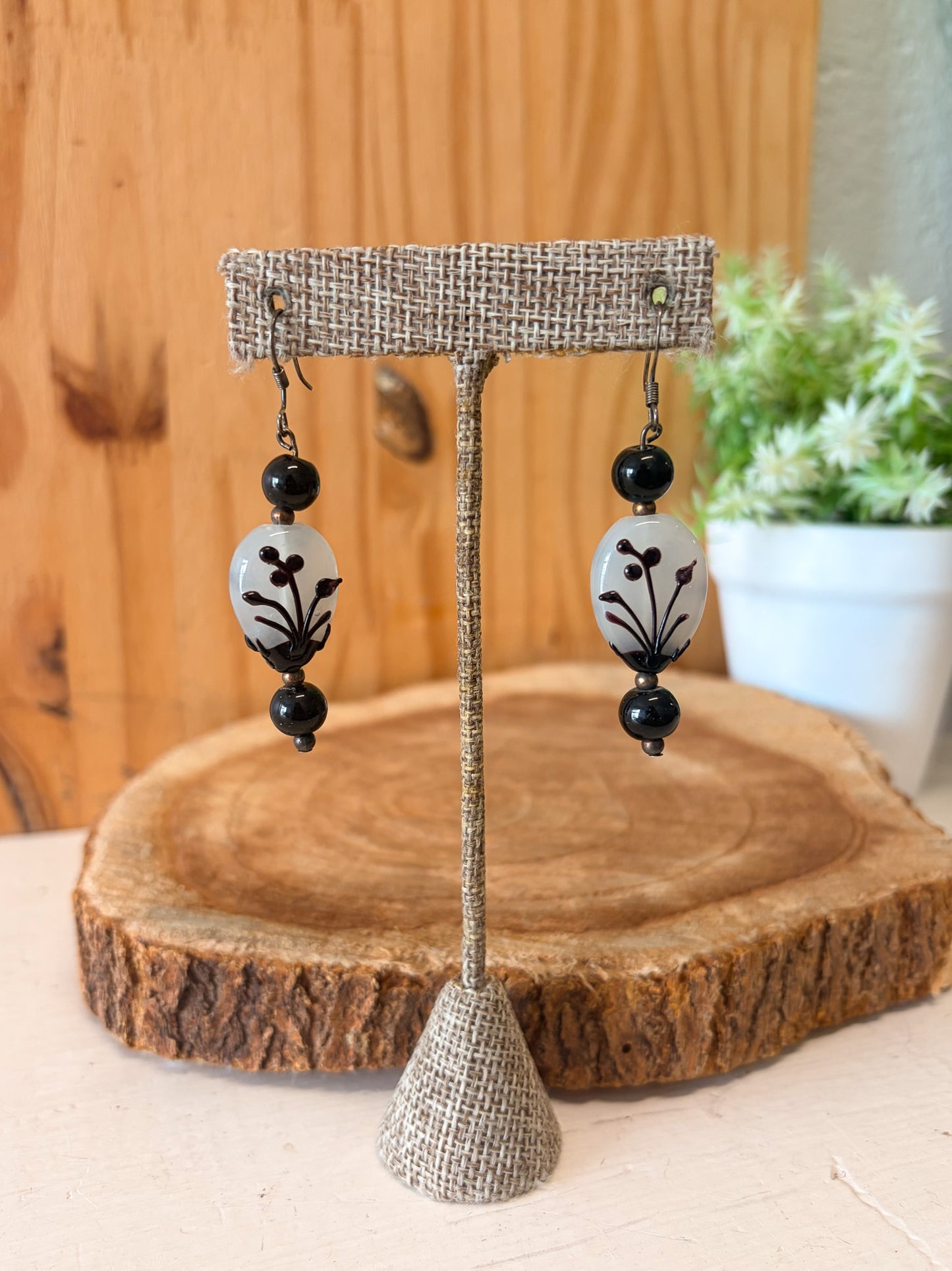 Black & White Floral Beaded Earrings