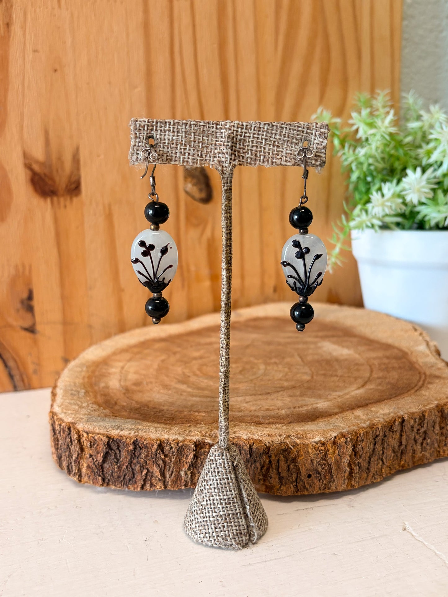 Black & White Floral Beaded Earrings