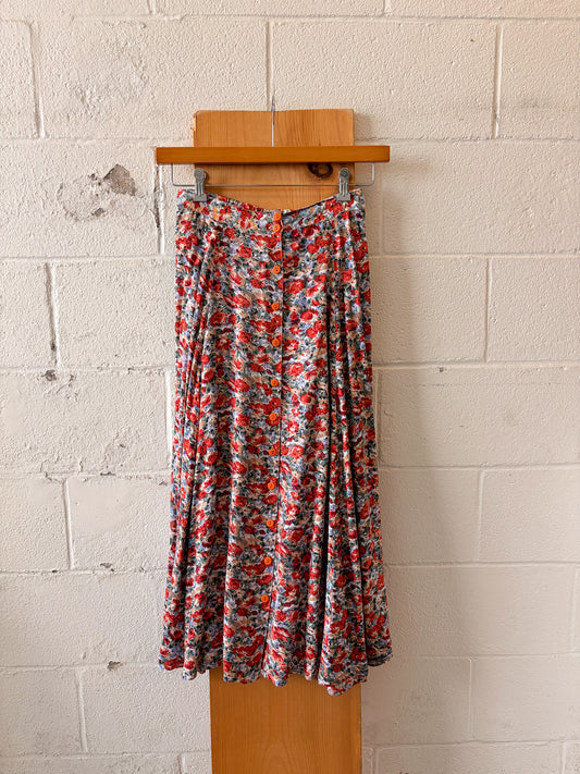 Vtg Bright Floral Button Down Skirt : L