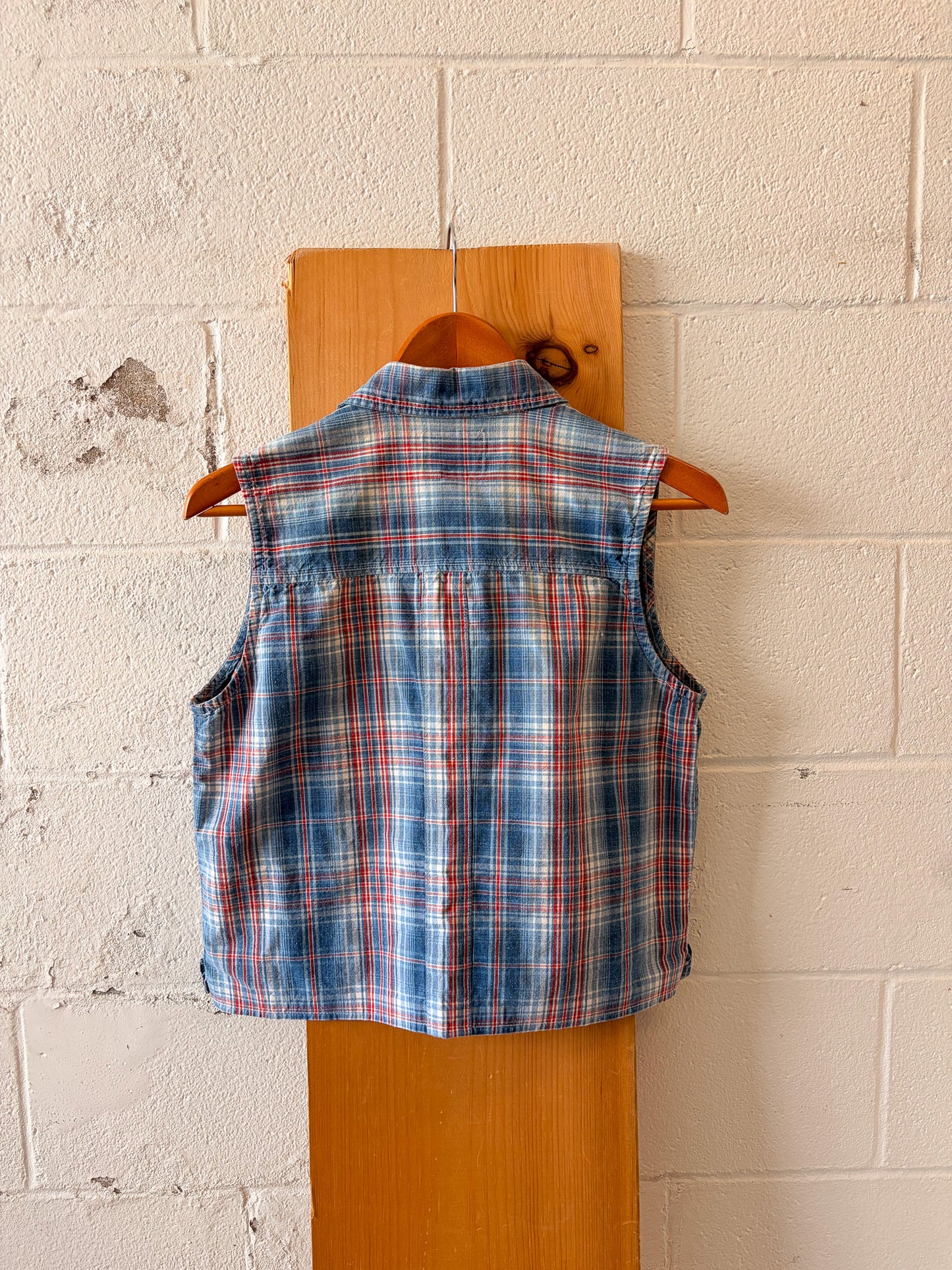 Red & Blue Sleeveless Plaid Button Up : L