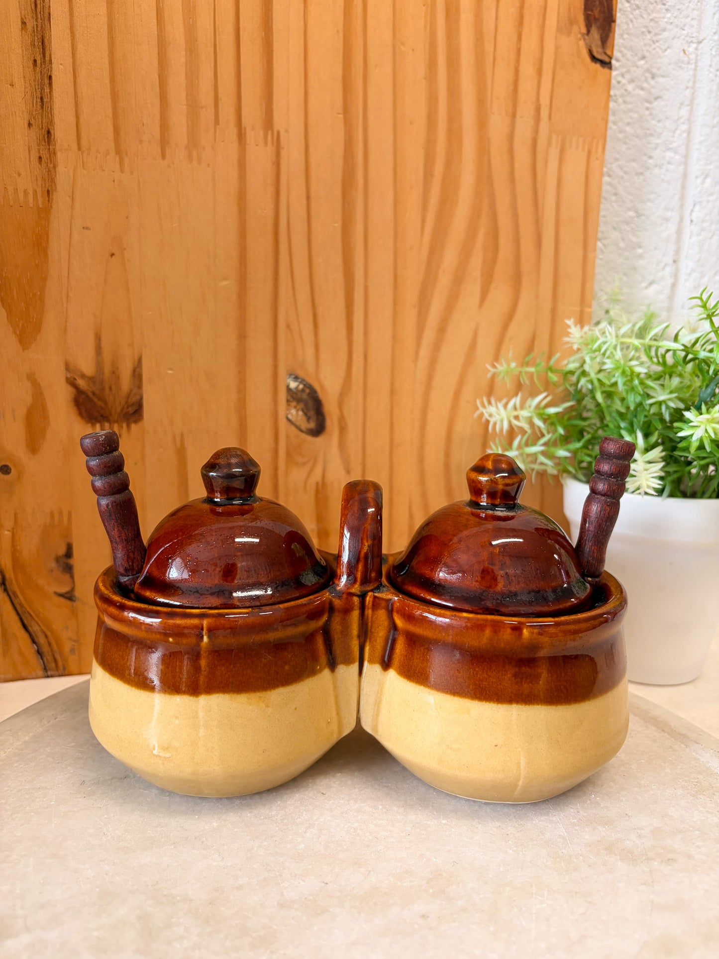 Vtg Dual Condiment Crock Set (Local Pick Up Only)
