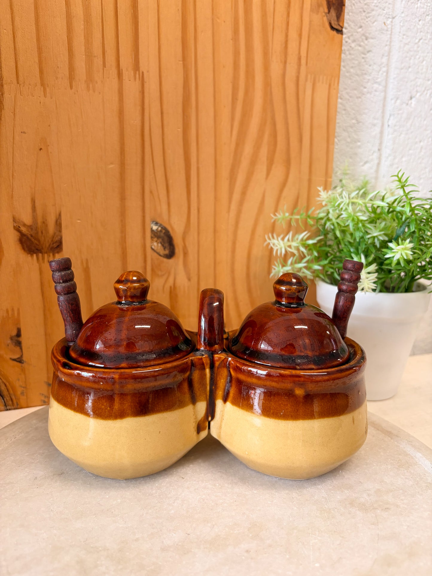 Vtg Dual Condiment Crock Set (Local Pick Up Only)