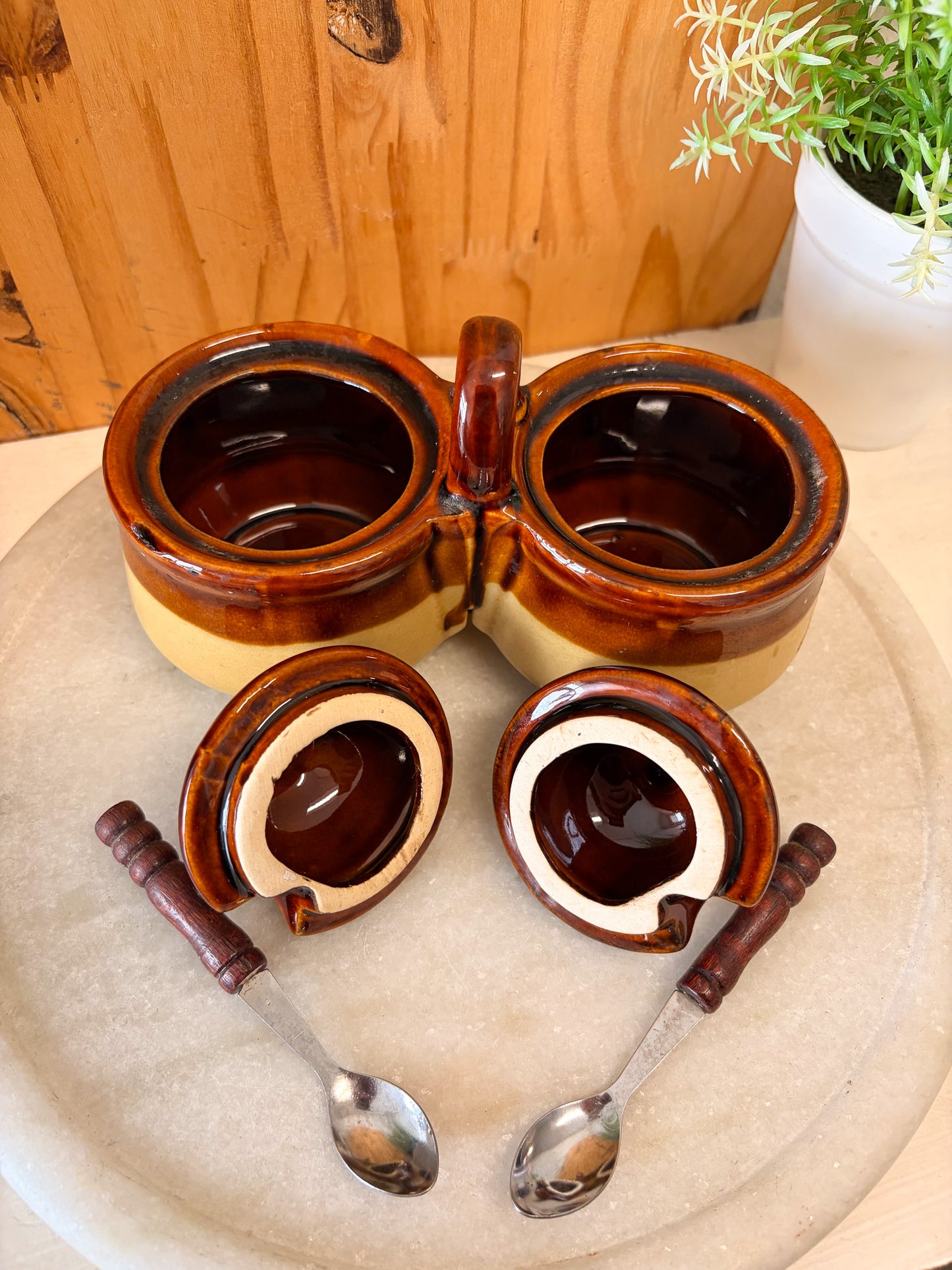 Vtg Dual Condiment Crock Set (Local Pick Up Only)