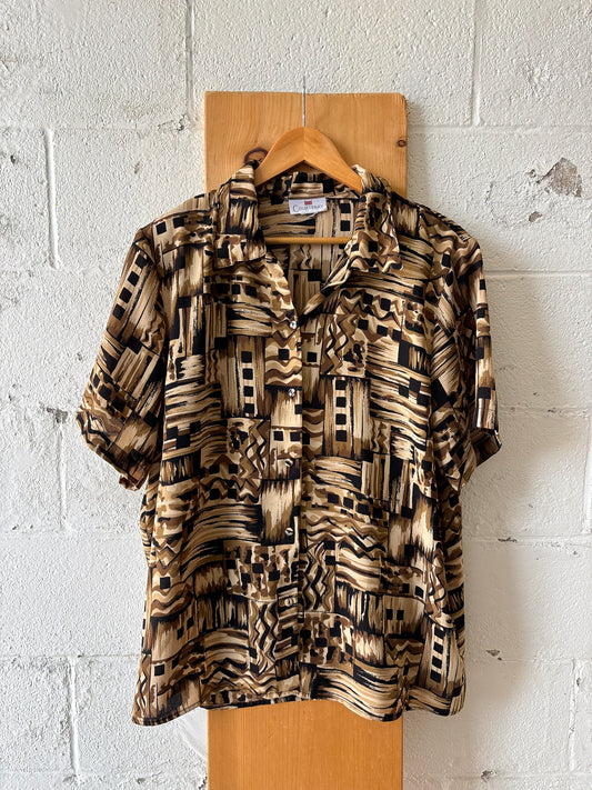 Vtg Abstract Black & Brown Button Up : XL