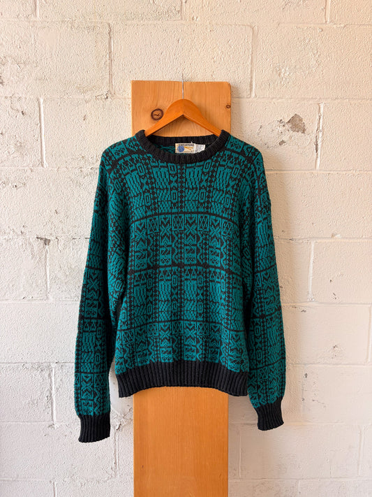 Vtg Teal Patterned Sweater : L