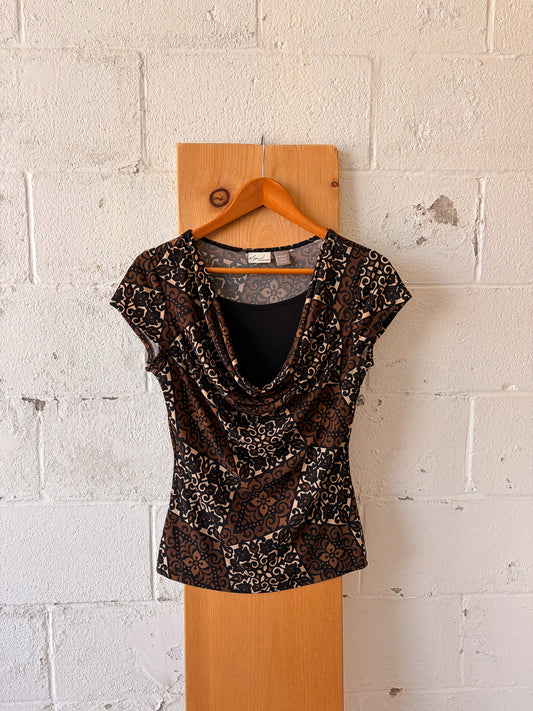 Layered Brown Cowl Neck Blouse : S