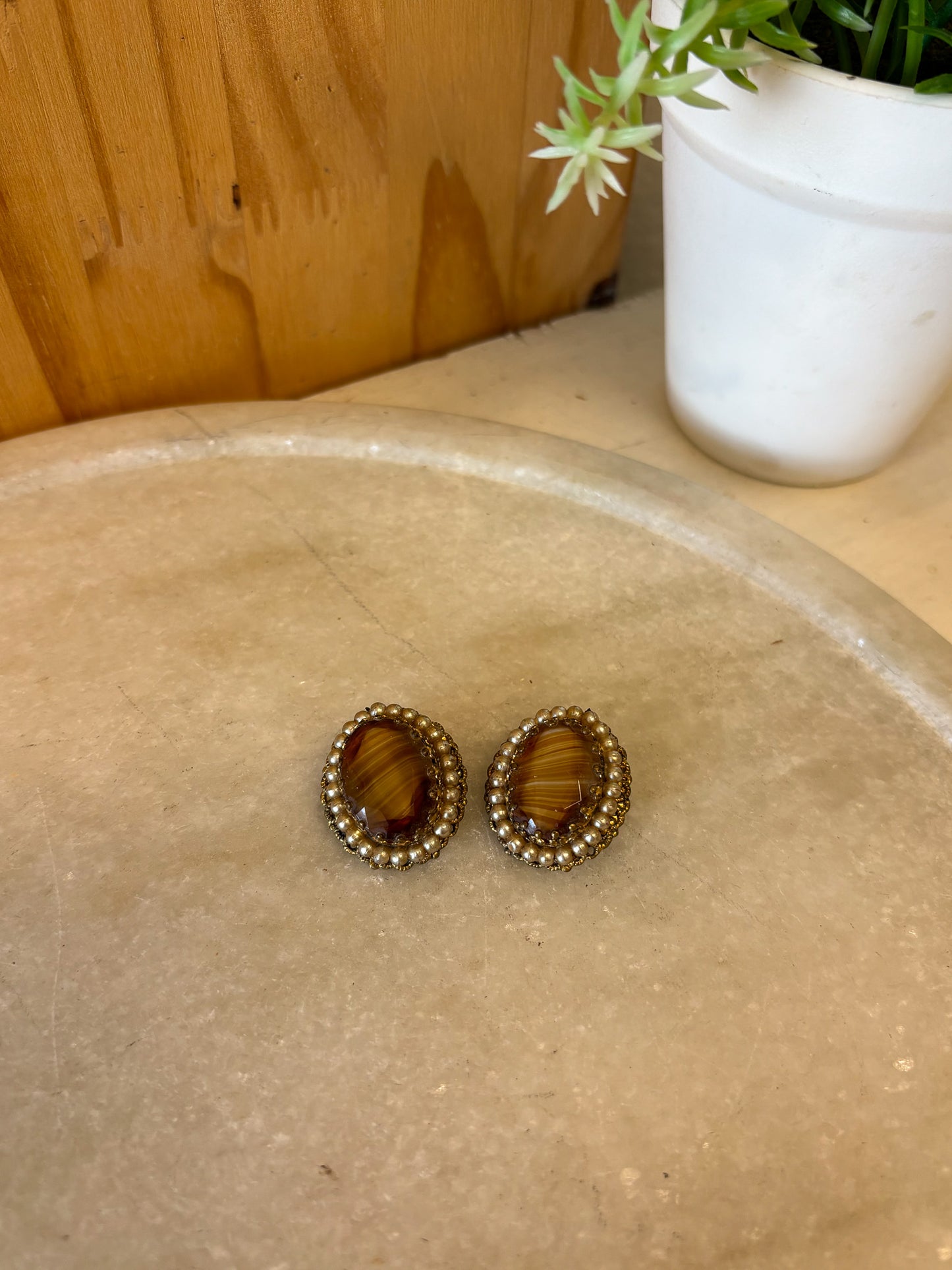 Germany Carved Amber Clip On Earrings