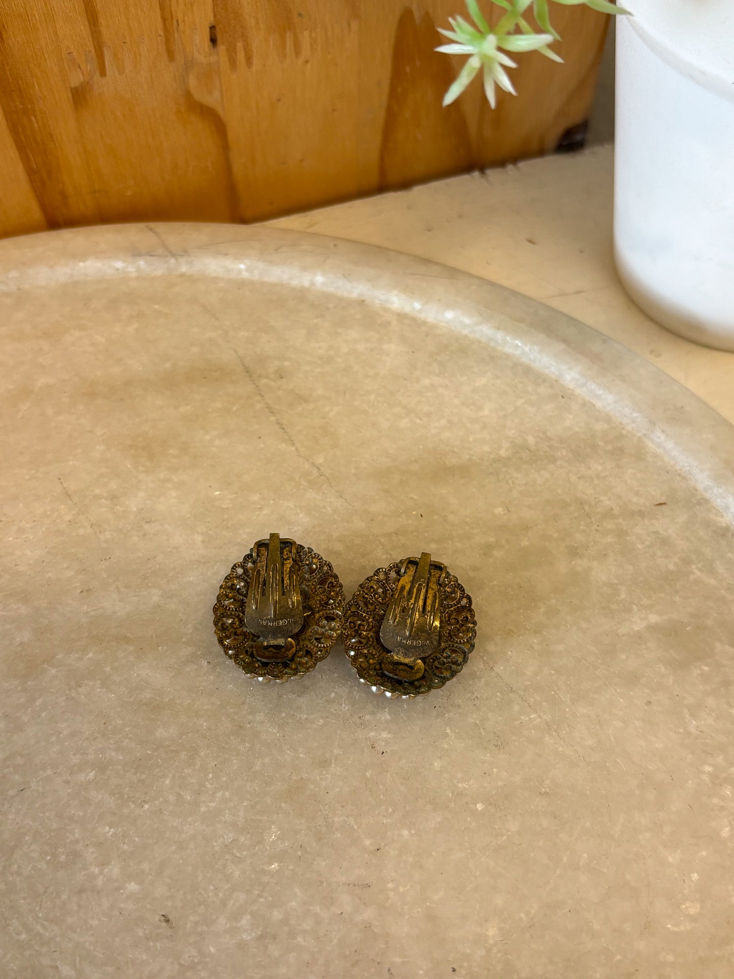 Germany Carved Amber Clip On Earrings
