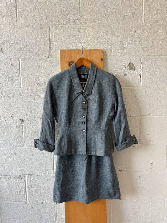 Vtg Gray Skirt & Blazer Set : S/M