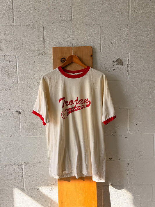 Vtg Distressed Trojan Hoops Tee : XL