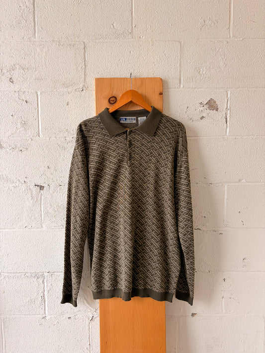 Patterned Green Collared Sweater : L
