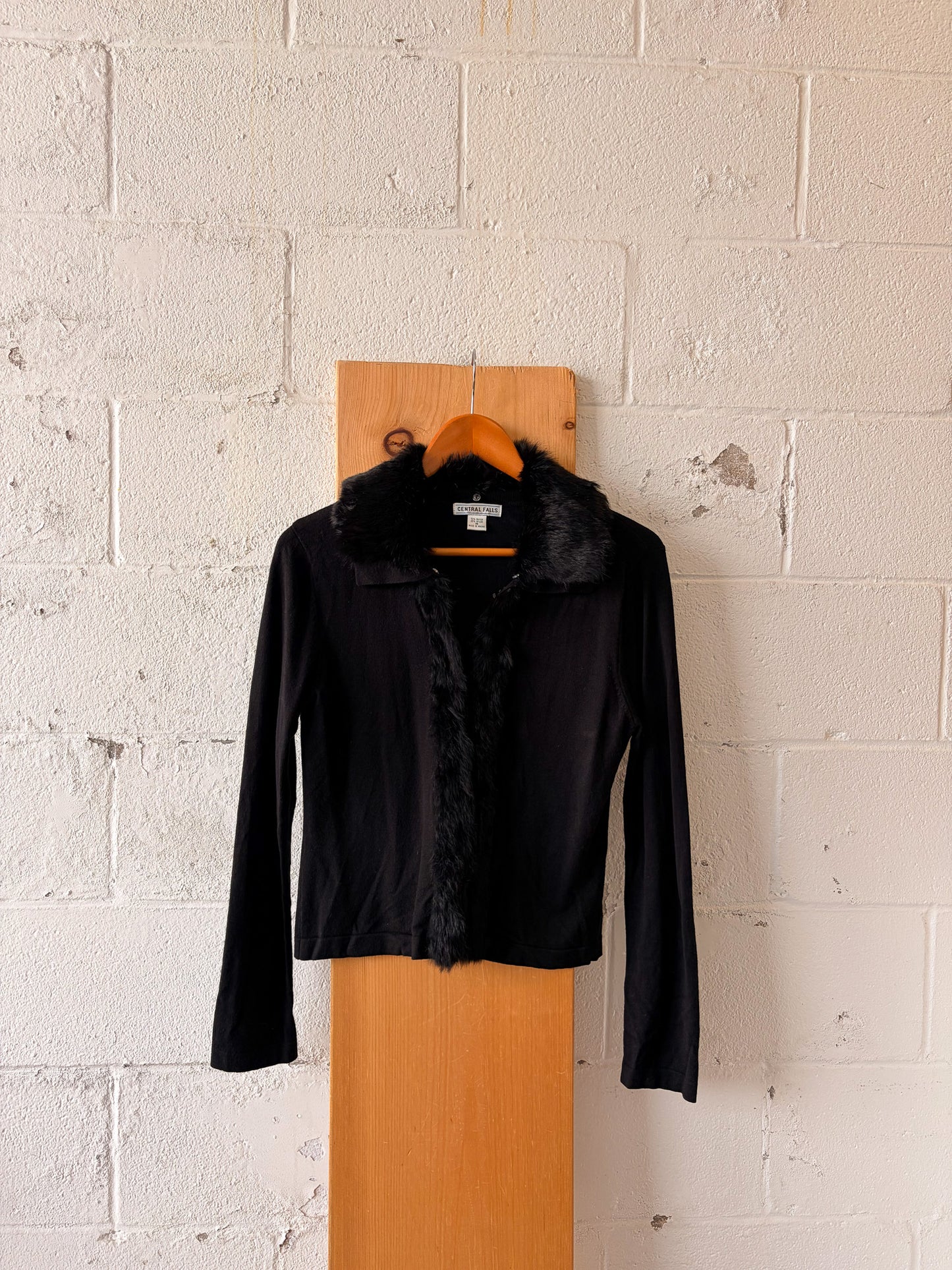 Vtg Black Faux Fur Collared Cardigan : M