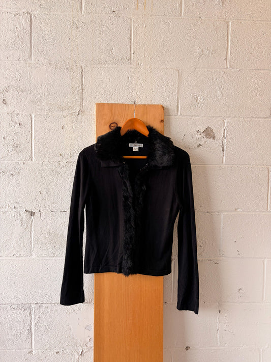 Vtg Black Faux Fur Collared Cardigan : M
