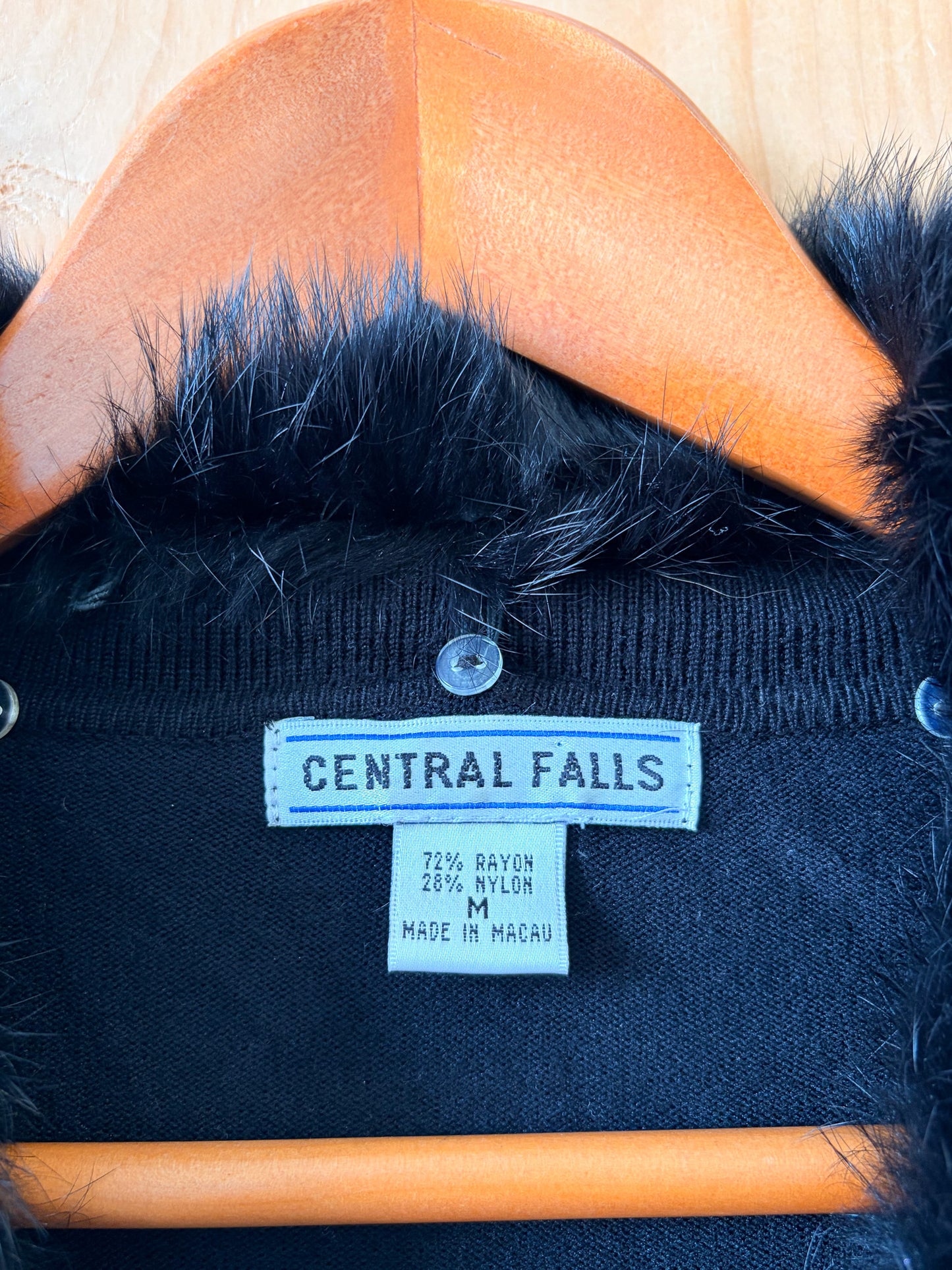 Vtg Black Faux Fur Collared Cardigan : M