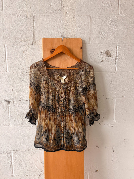 Semi-Sheer Paisley & Animal Print Blouse : PS