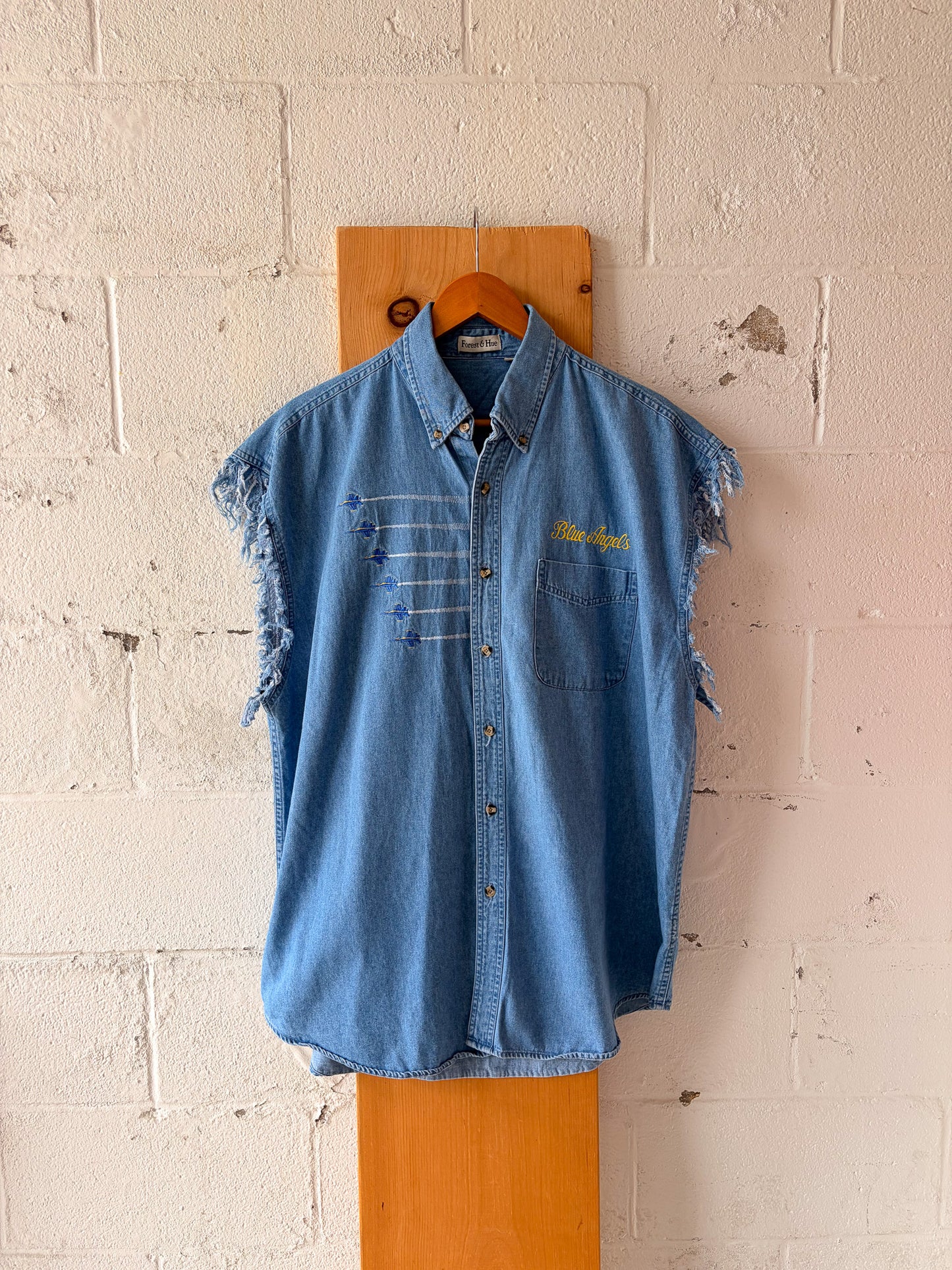 Vtg Blue Angels Distressed Denim Button Up : 2XL