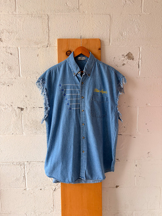 Vtg Blue Angels Distressed Denim Button Up : 2XL