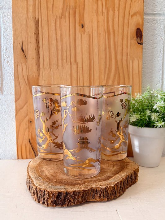 Vtg Set of Three Golden Etched Highball Glasses (Local Pick Up Only)